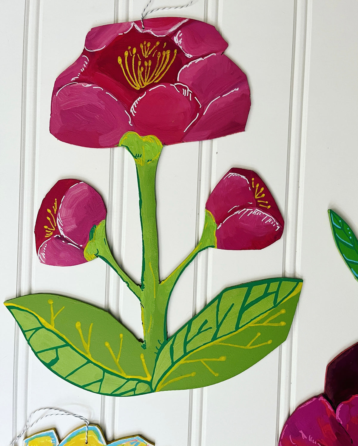 cutout wooden flower painting, by artist Abigail Gray Swartz. Three peony flowers, acrylic on panel.
