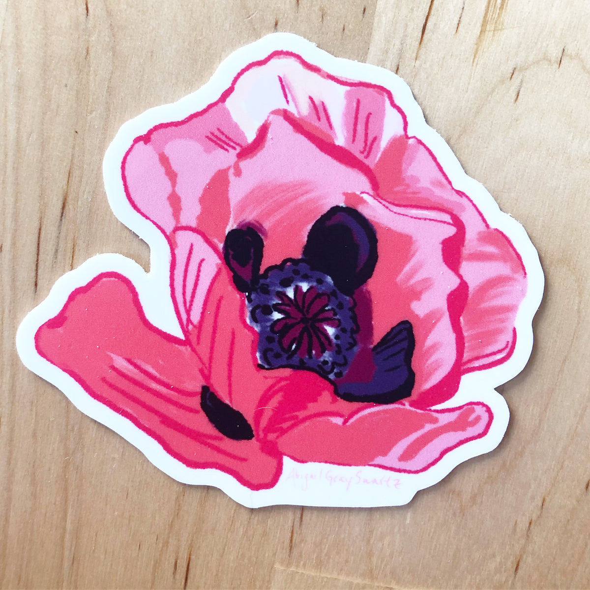 Pink Poppy, floral STICKER - Stickers &amp; Magnets
