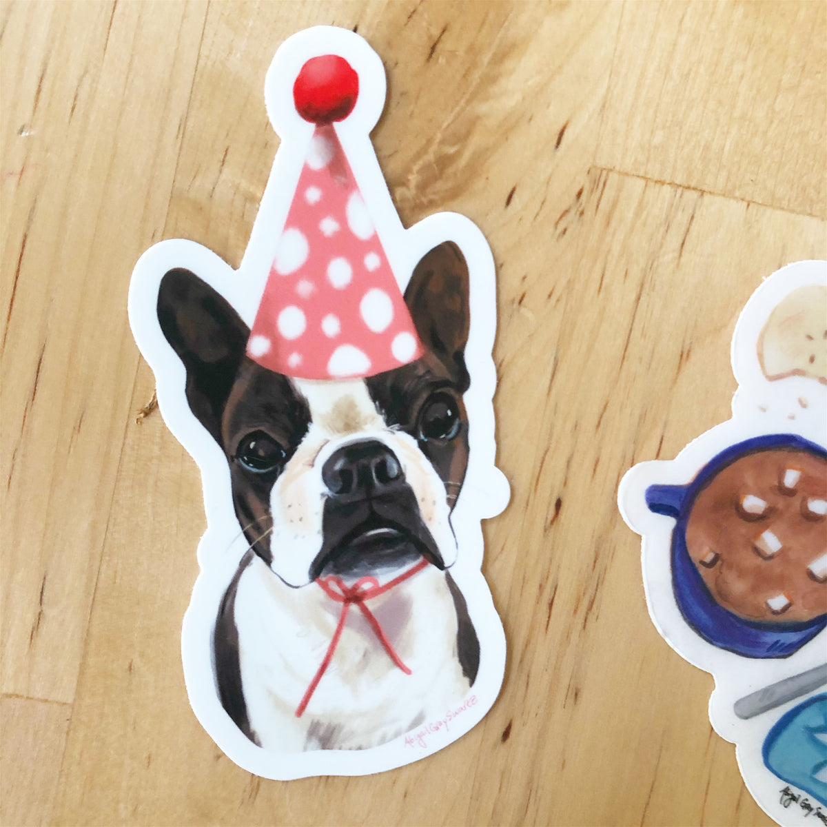 Birthday pup STICKER, Boston terrier dog portrait sticker - Stickers &amp; Magnets