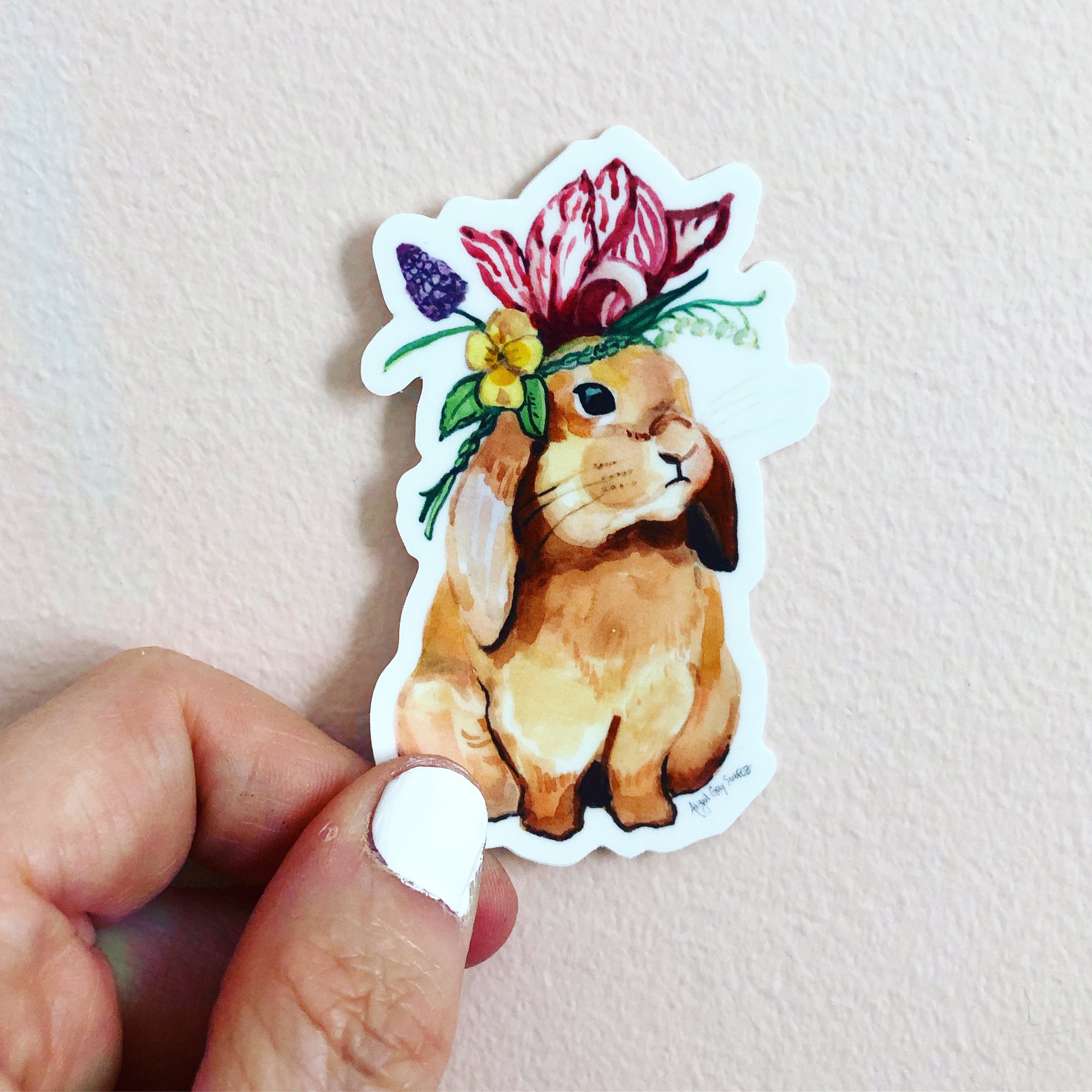 Bunny portrait sticker, rabbit in a floral corwn sticker by Abigail Gray Swartz of Gray Day Studio