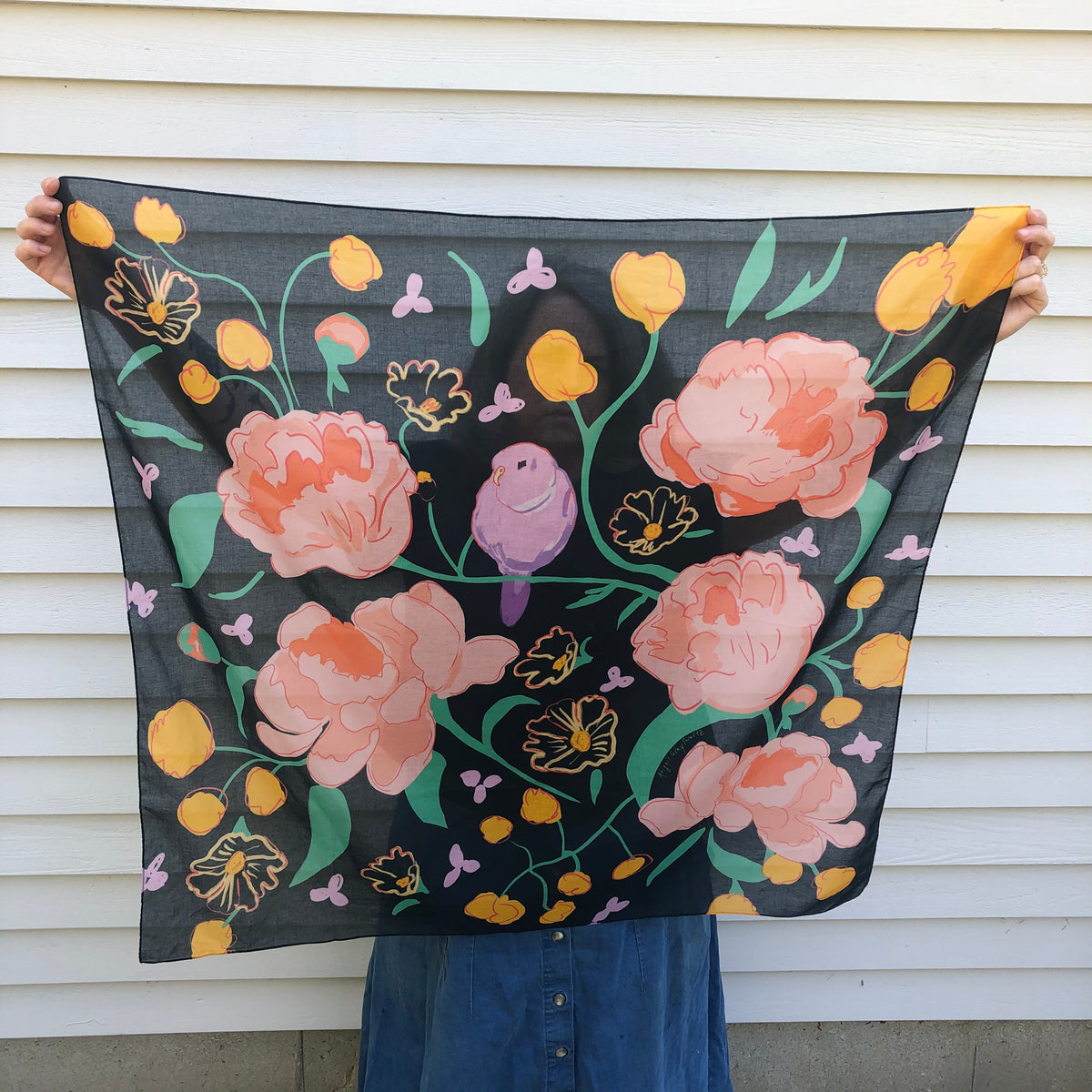 Bird and Flowers small square cotton Scarf || Scarves