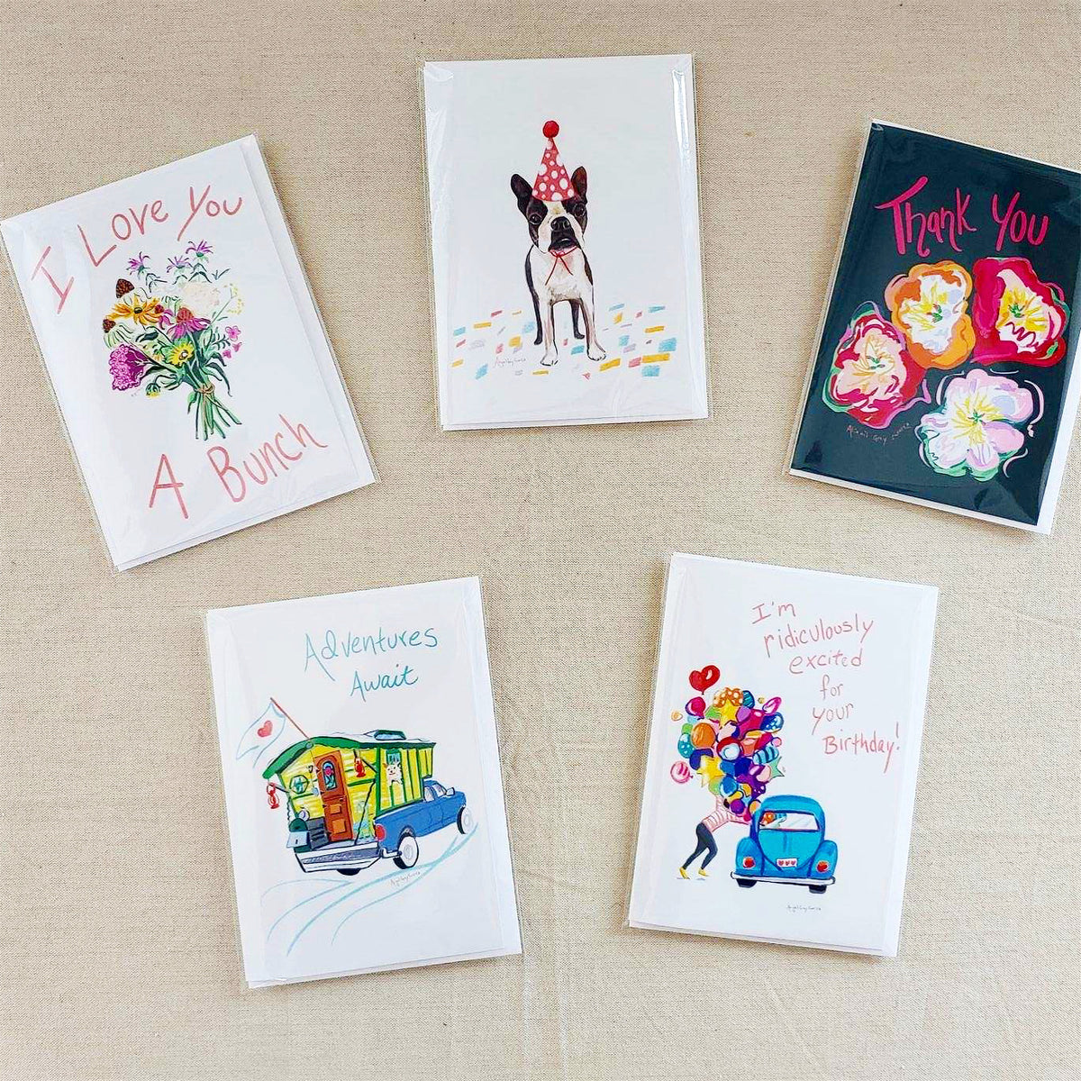 Set of 5 occasion cards: Birthday Pup, Excited birthday, thank you, adventure, love --Greeting Card