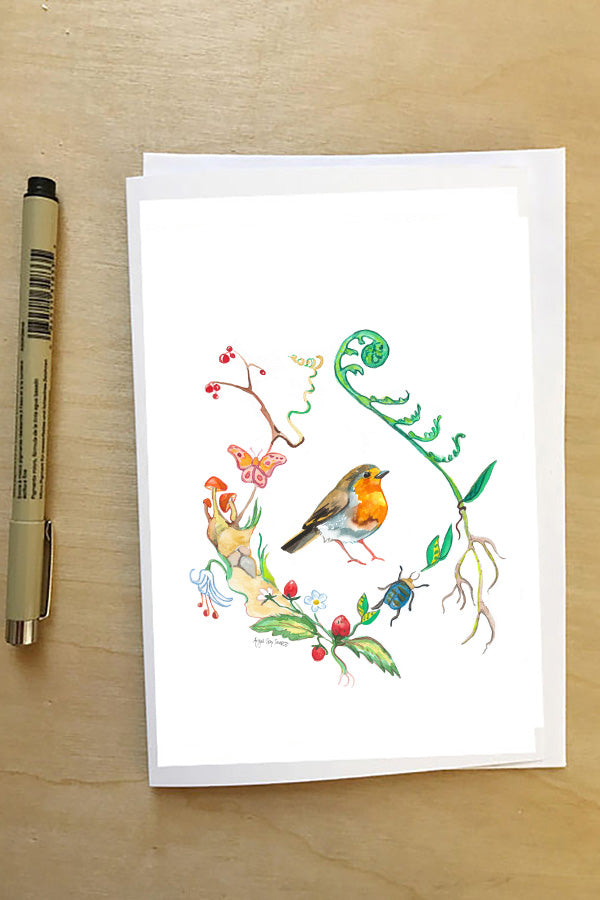 English Robin, in a floral wreath, woodland card--Greeting Card