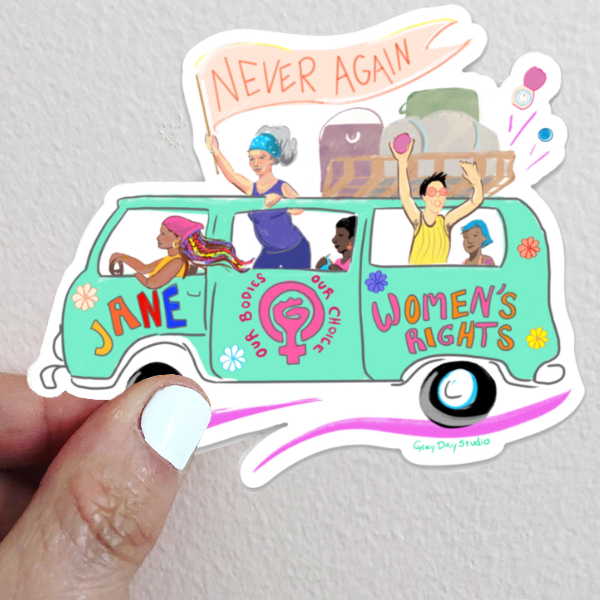 Women's rights, jane bus sticker, pro choice sticker, vw bus caravan