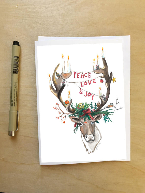 Peace Love and Joy, Reindeer holiday Card--Greeting Card
