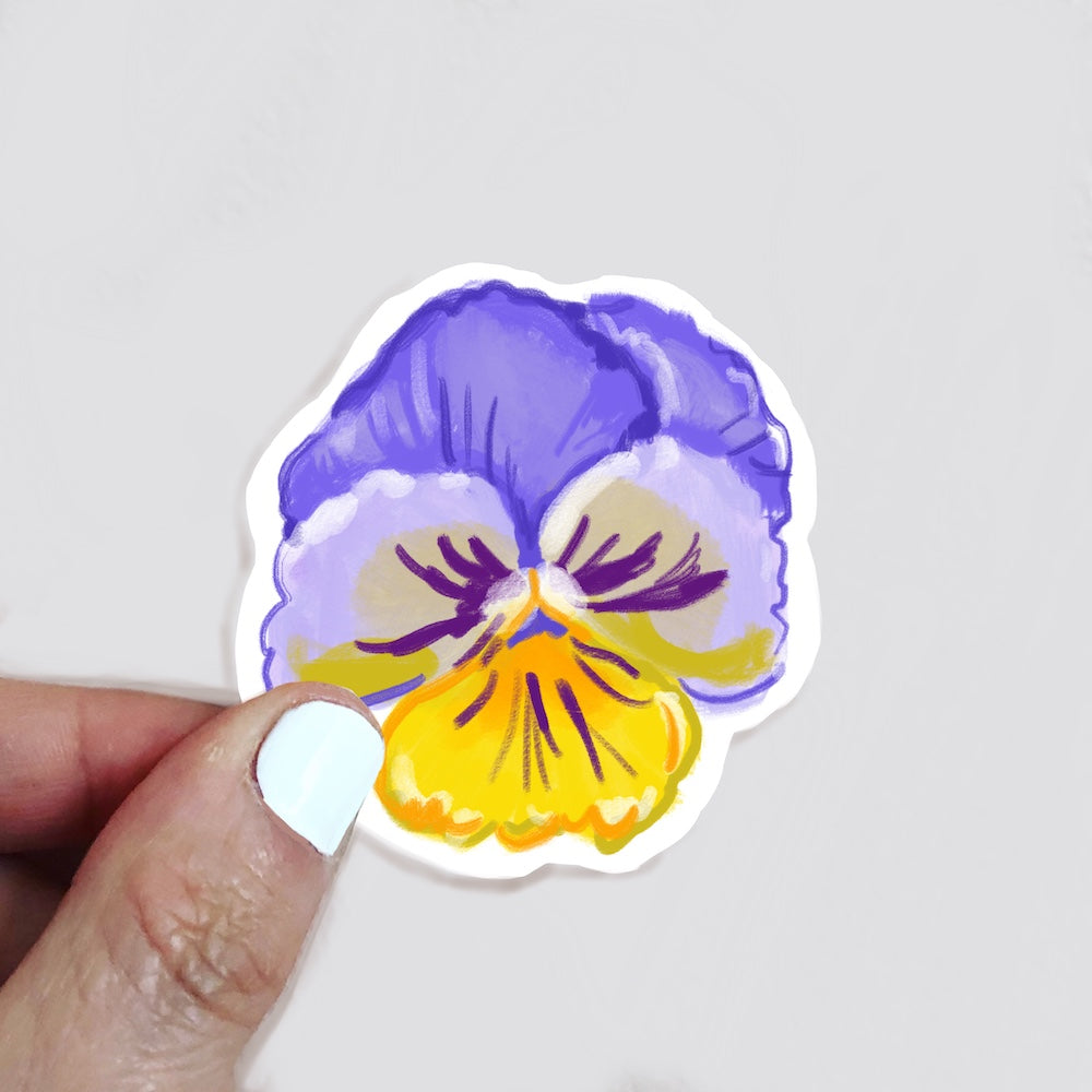 Pansy Sticker. Purple and yellow floral sticker by Gray Day Studio. Made in Maine