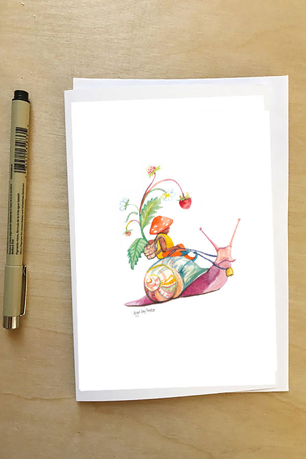 Gnome riding a snail--Greeting Card