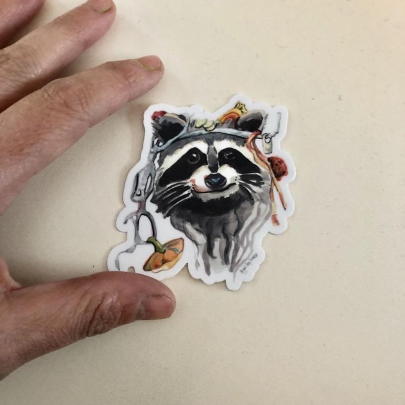 Dumpster Diver portrait STICKER, raccoon woodland creature, Trash Panda Sticker- Stickers &amp; Magnets