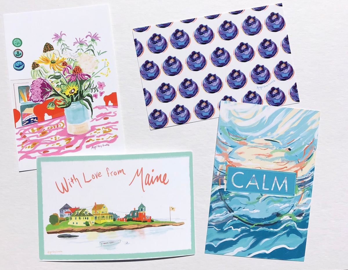 Set of four postcards. Maine themed postcard, floral, blueberry, and &quot;Calm&quot; by artist Abigail Gray Swartz