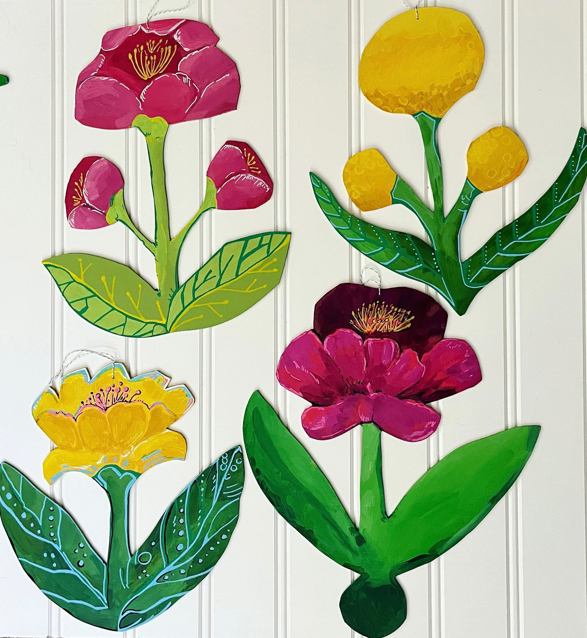 cutout wooden flower painting, by artist Abigail Gray Swartz. group of flowers, acrylic on panel.
