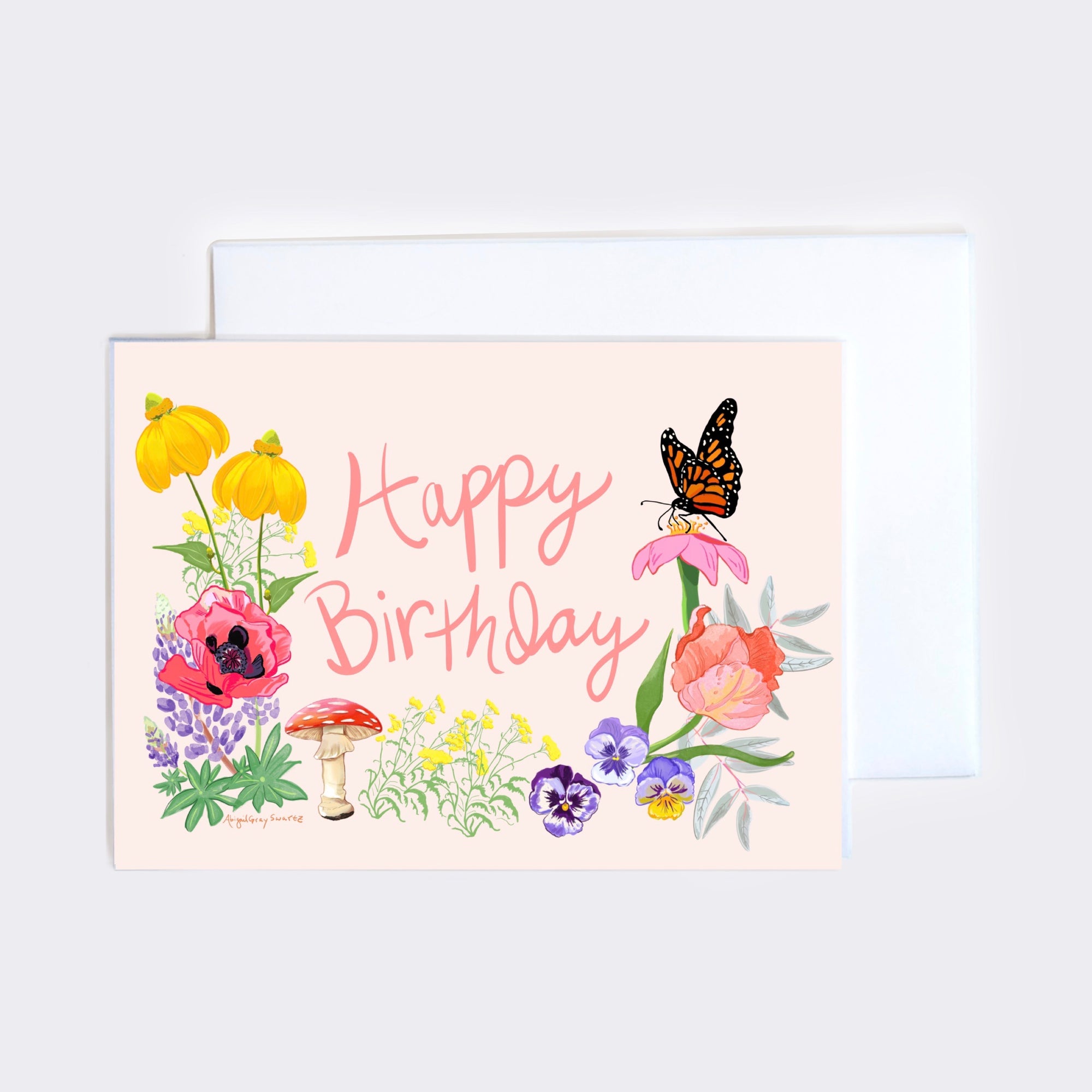 happy birthday illustrated floral and woodland greeting card by Gray Day Studio
