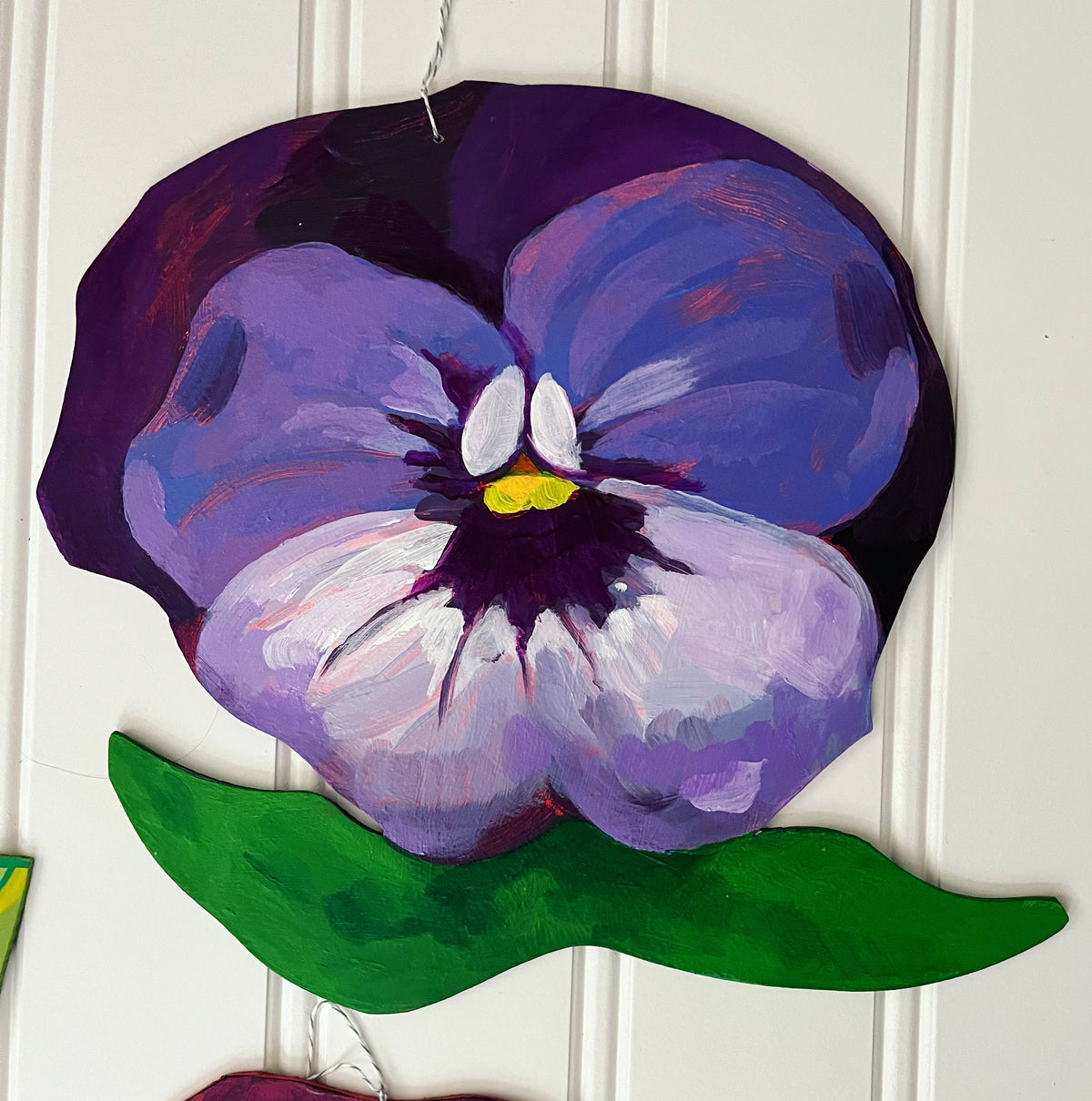 cutout wooden flower painting, by artist Abigail Gray Swartz. Purple pansy flower, acrylic on panel.