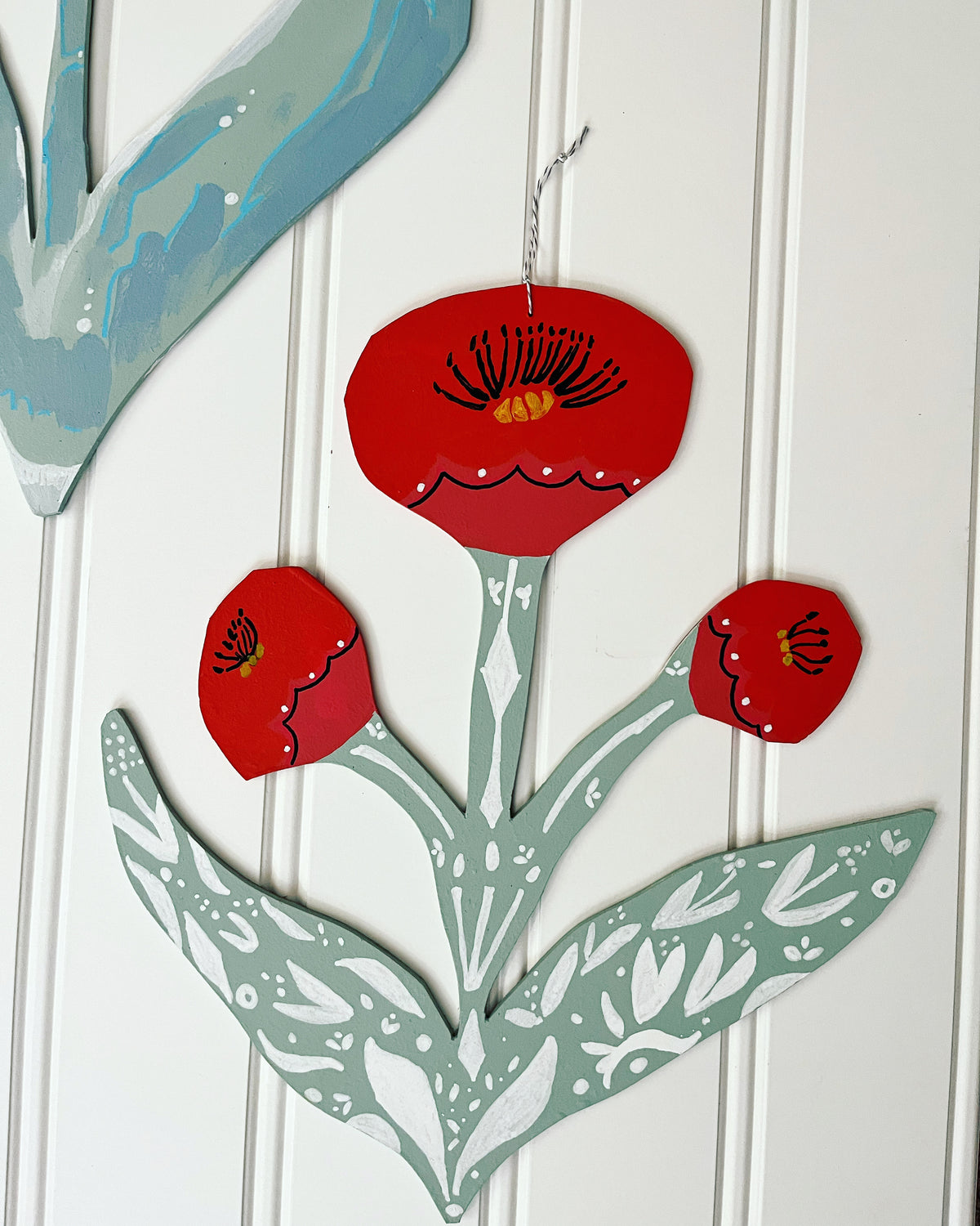 cutout wooden flower painting, by artist Abigail Gray Swartz. Red Poppies flower, acrylic on panel.