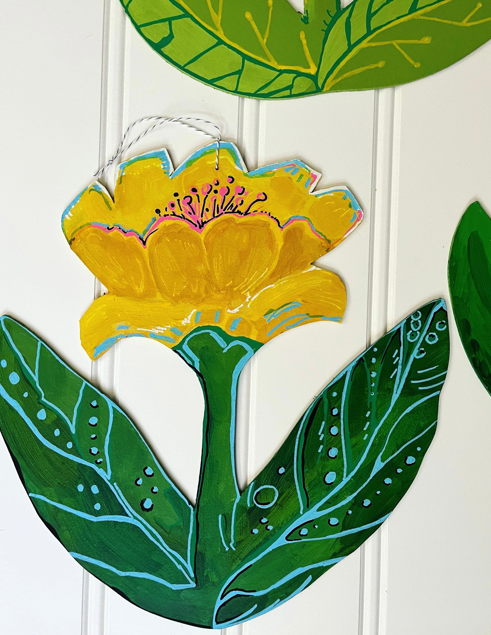 cutout wooden flower painting, by artist Abigail Gray Swartz. Yellow peony flower, acrylic on panel.