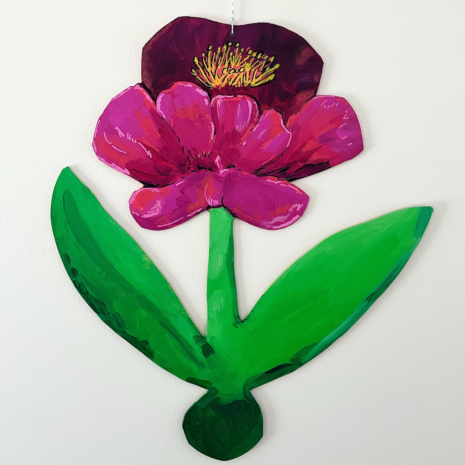 cutout wooden flower painting, by artist Abigail Gray Swartz. Single peony flower, acrylic on panel.