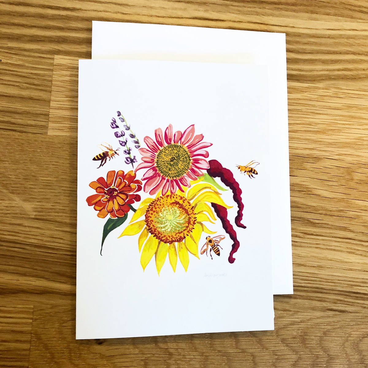 August Bouquet, sunflower, echinacea and bees -Greeting Card