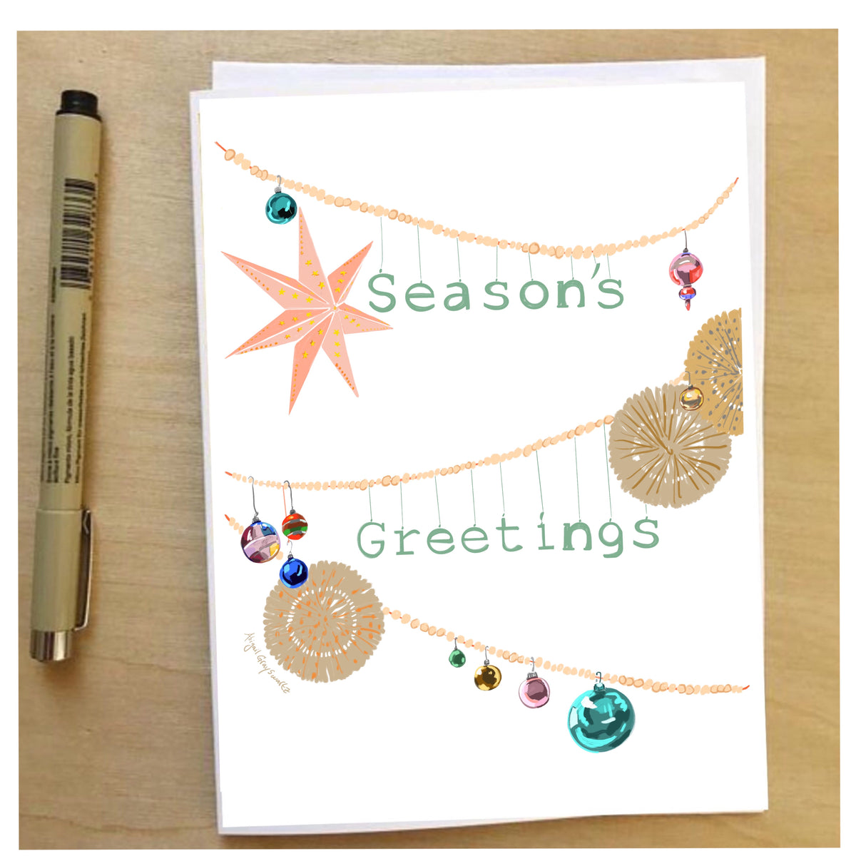 Seasons Greeting, ornament swag, holiday Card-- Holiday
