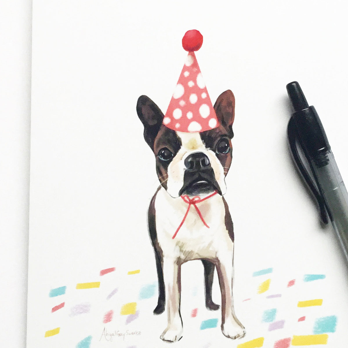Birthday Pup, Boston Terrier portrait Happy Birthday card --Greeting Card