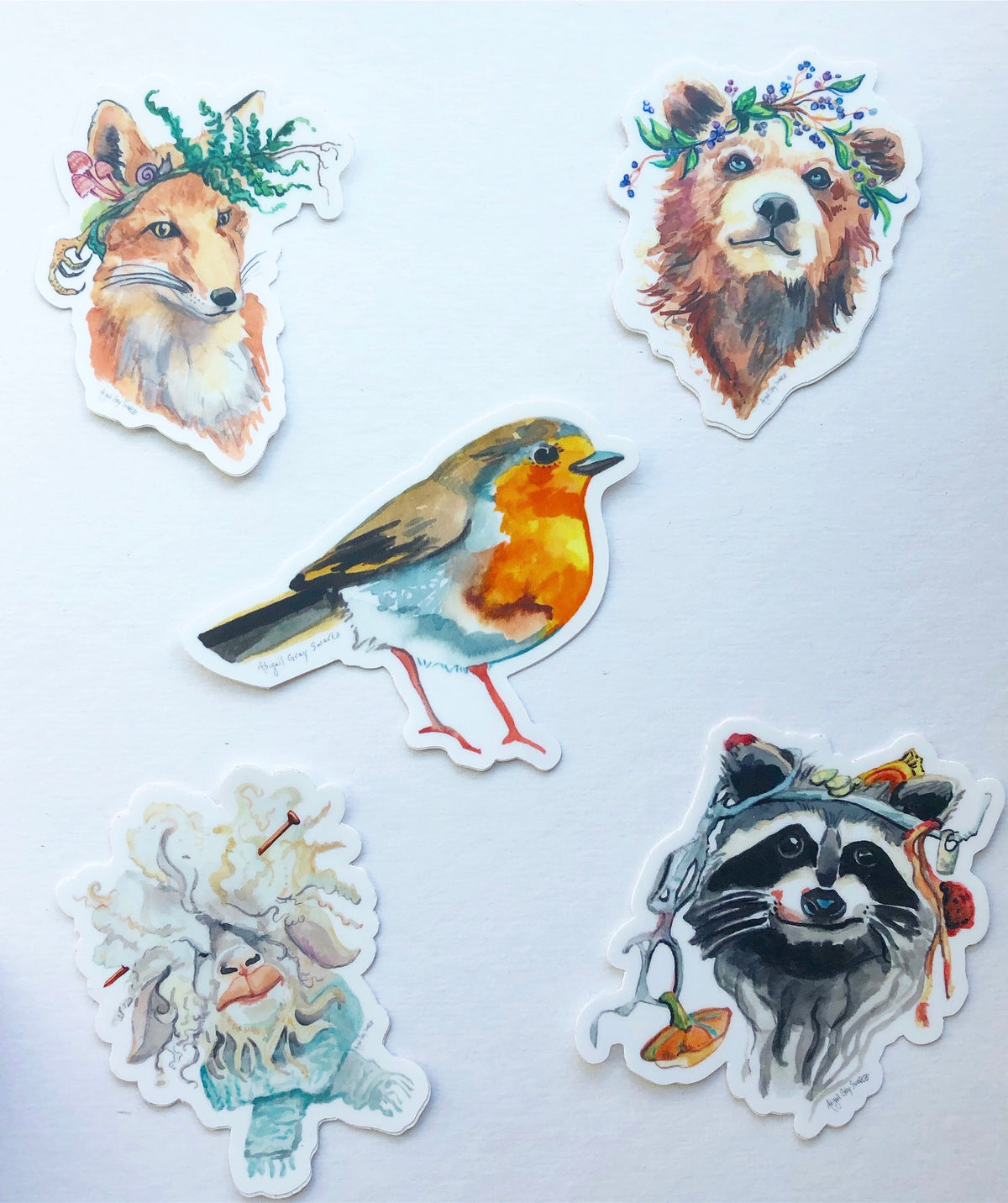 Five Animal Portrait Stickers - Bear, Sheep, Raccoon, Fox, Robin - Stickers &amp; Magnets