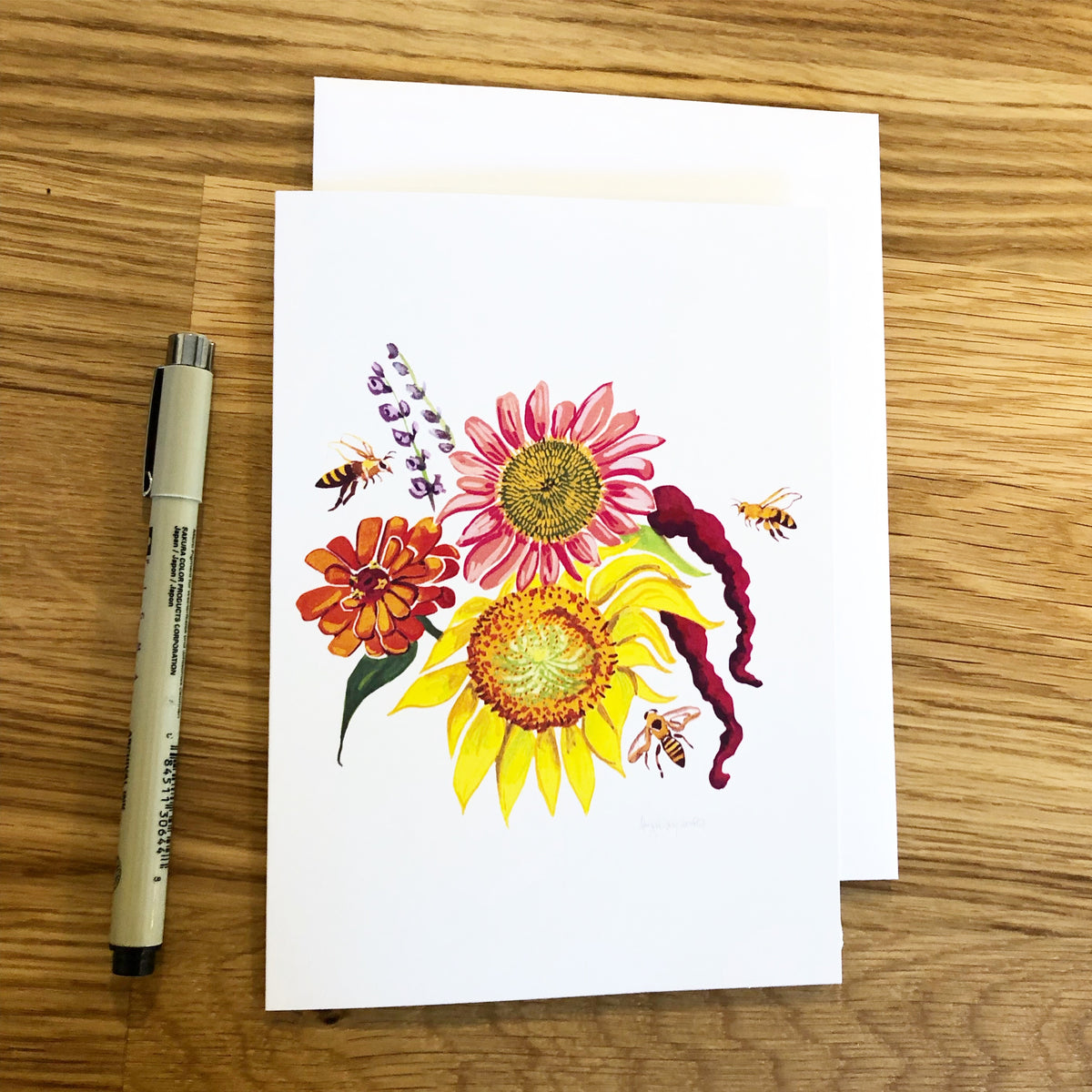 August Bouquet, sunflower, echinacea and bees -Greeting Card