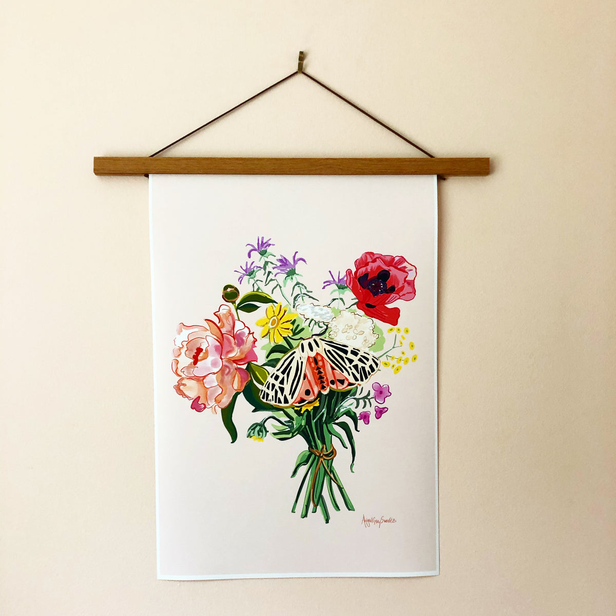 Wildflower Bouquet with moth, digital painting Large print --Print