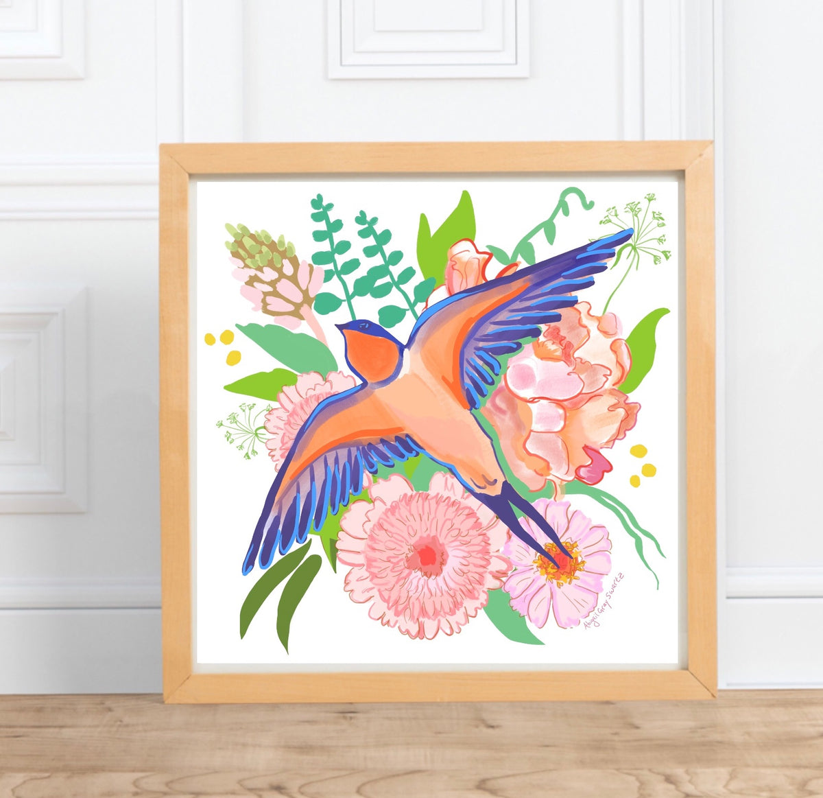 Swallow and Flower Print, art print, illustration artwork painting, barn swallow || digital watercolor painting --Print