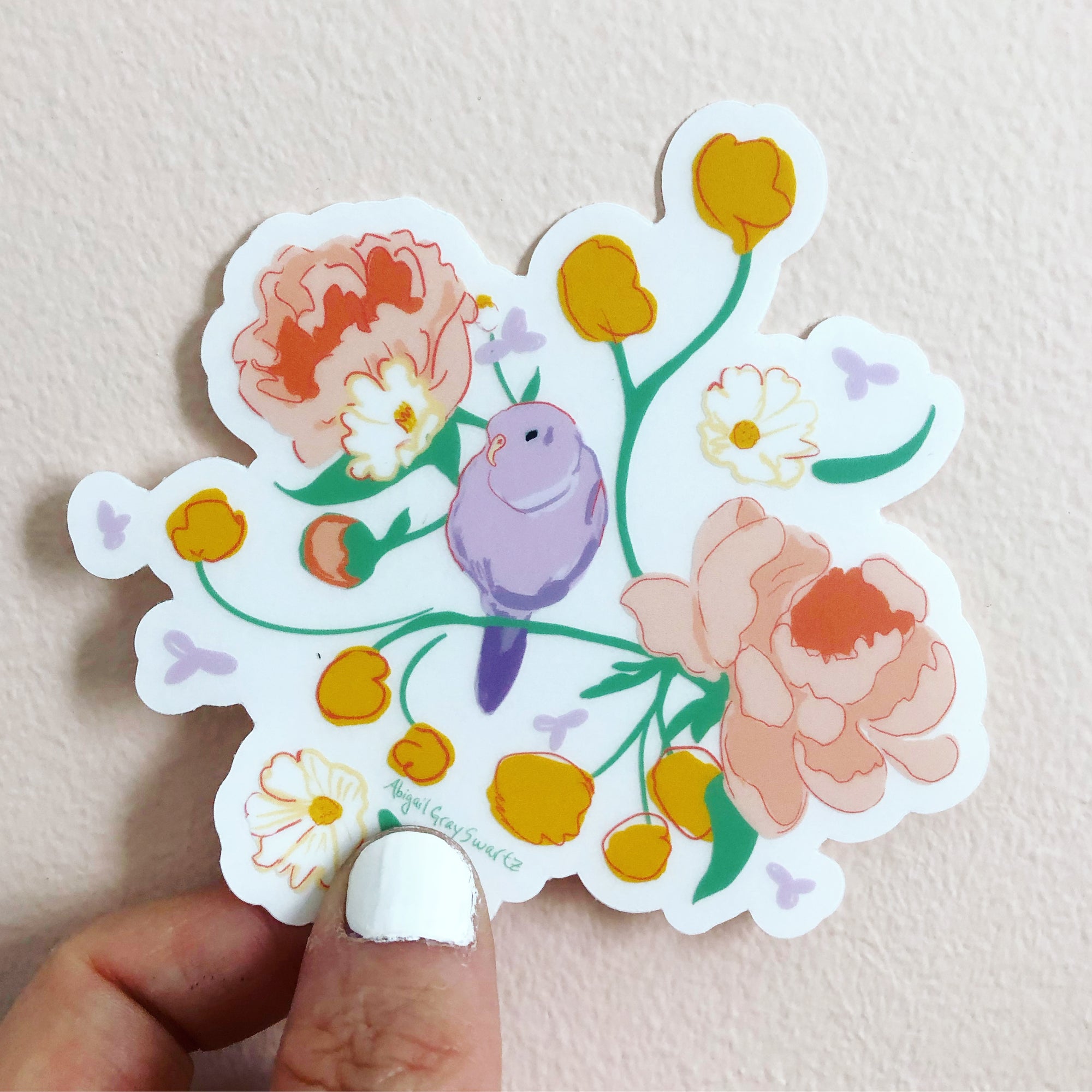 Bird and peonies sticker, botanical sticker by Abigail Gray Swartz of Gray Day Studio