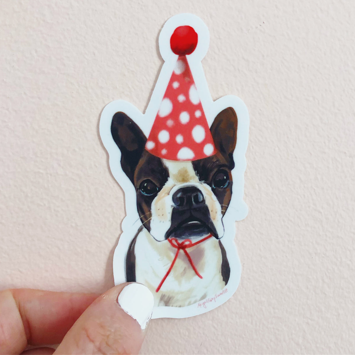 Boston terrier portrait sticker, burthday hat, birthday pup sticker by Abigail Gray Swartz