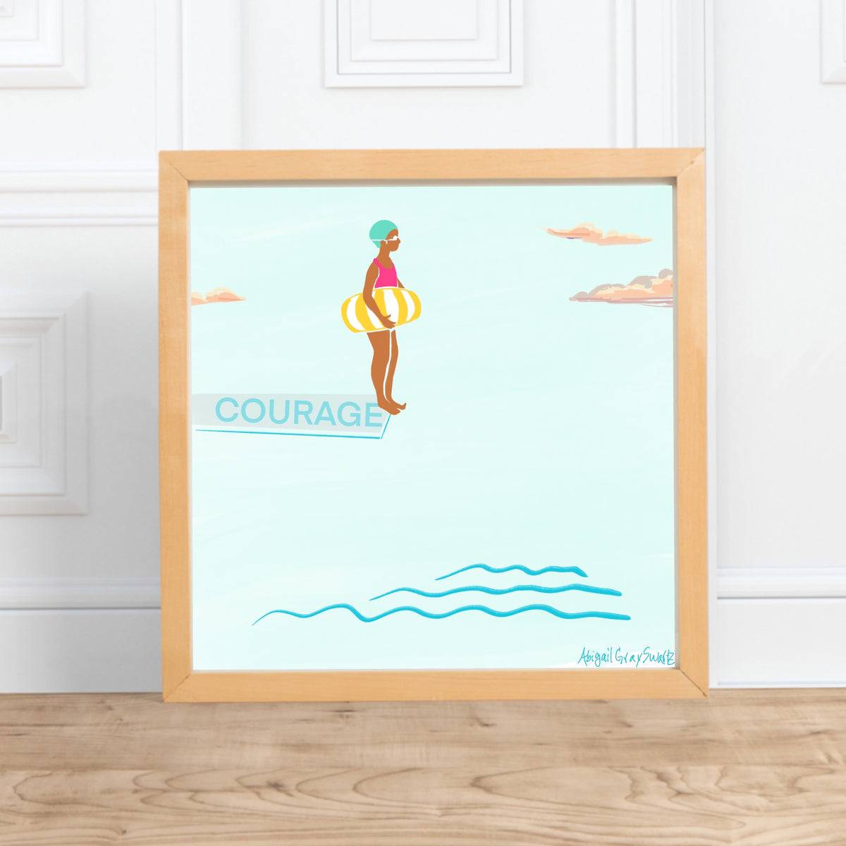 Courage Art Print, inspirational art, Girl on a diving board illustration || digital watercolor, motivational painting --Print