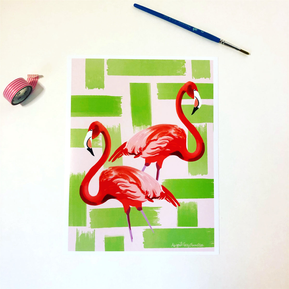 Pair of Flamingos print, pink and green || watercolor animal portrait--Print