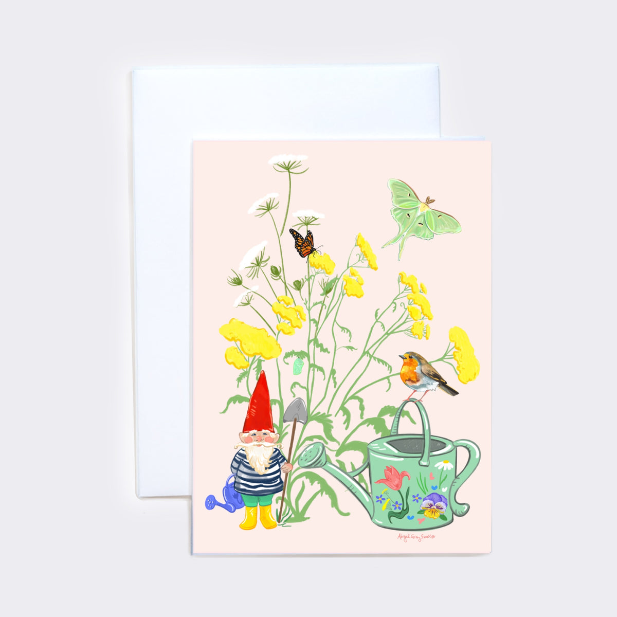 Garden gnome greeting card, complete with a floral watering can, robin, butterfly, moth and more. Made in Maine by Abigail Gray Swartz