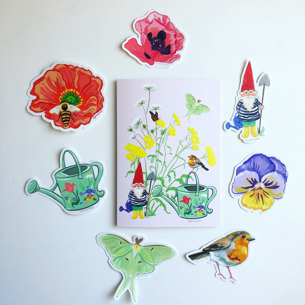 garden party themed collection of cards and stickers. made in Maine by Abigail Gray Swartz