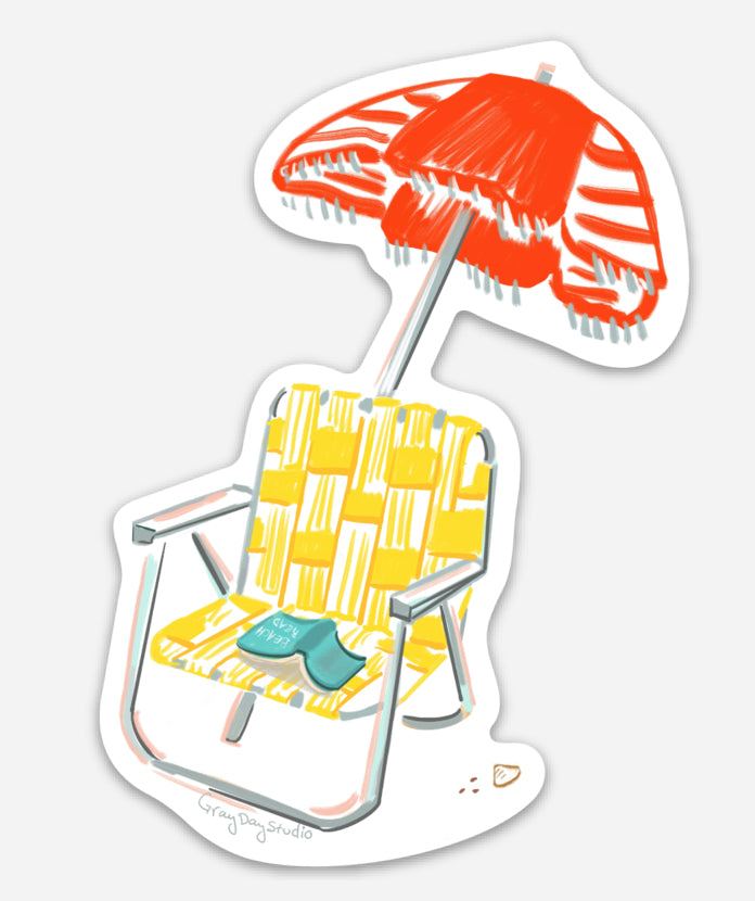 retro beach day, beach chair and umbrella sticker, beach read, illustrated sticker by Maine artist Abigail Gray Swartz