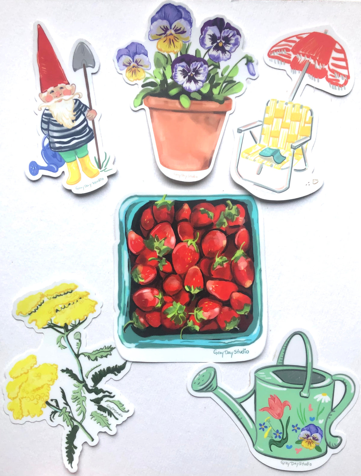 gardening stickers, garden gnome and flowers by Maine artist and illustrator Abigail Gray Swartz