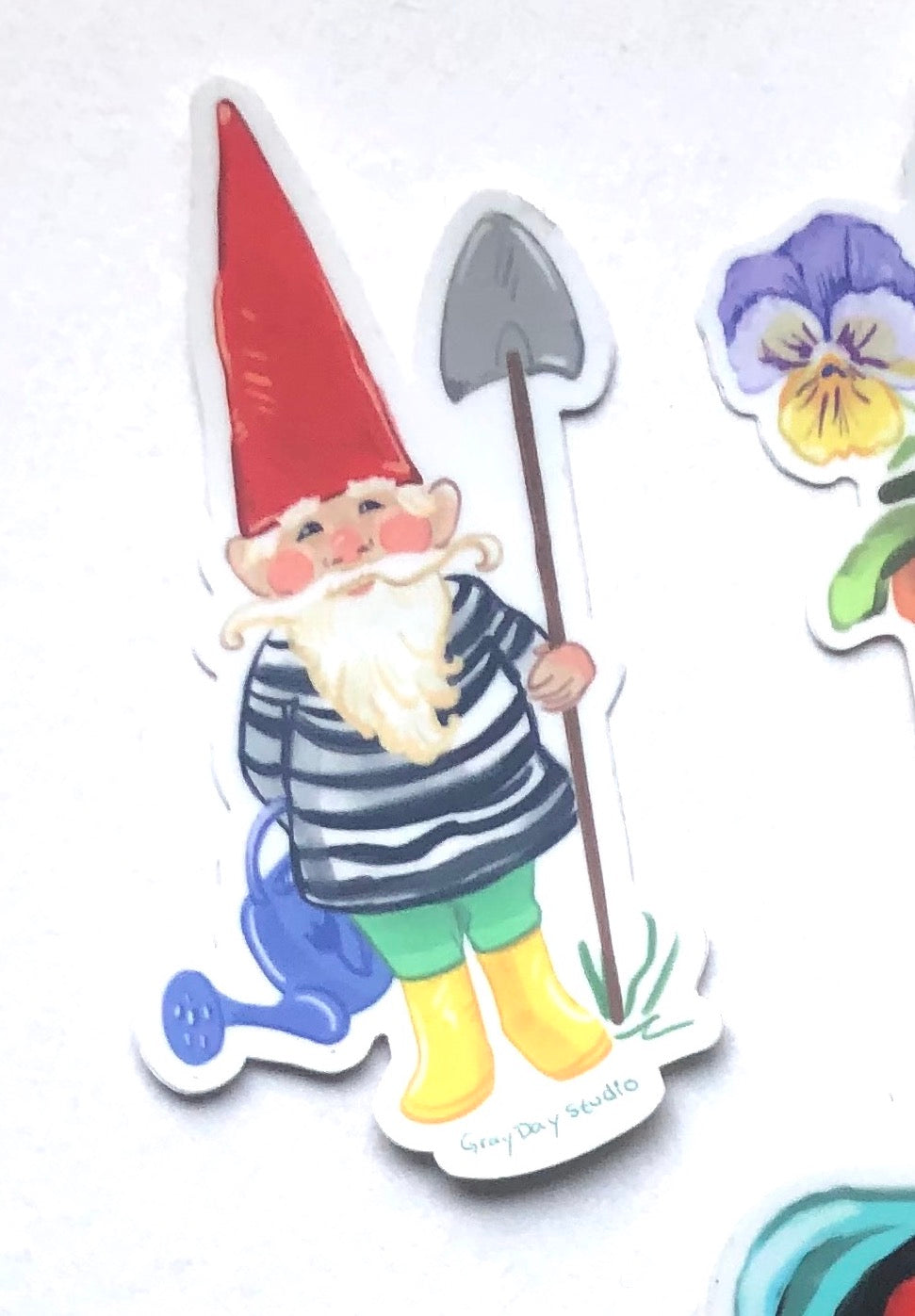 garden gnome illustrated sticker, by Maine artist Abigail Gray Swartz