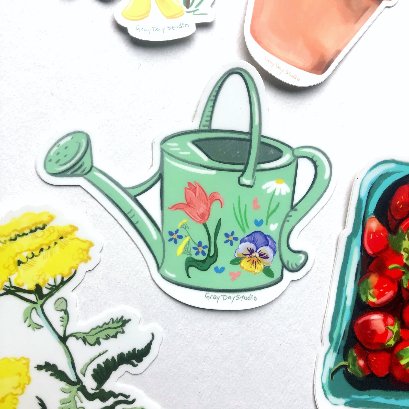 watering can sticker, illustrated art sticker by Maine artist Abigail Gray Swartz