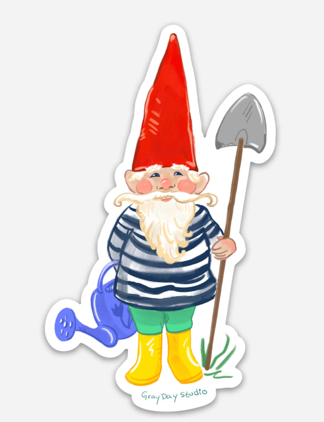 garden gnome sticker, illustrated by Maine artist Abigail Gray Swartz