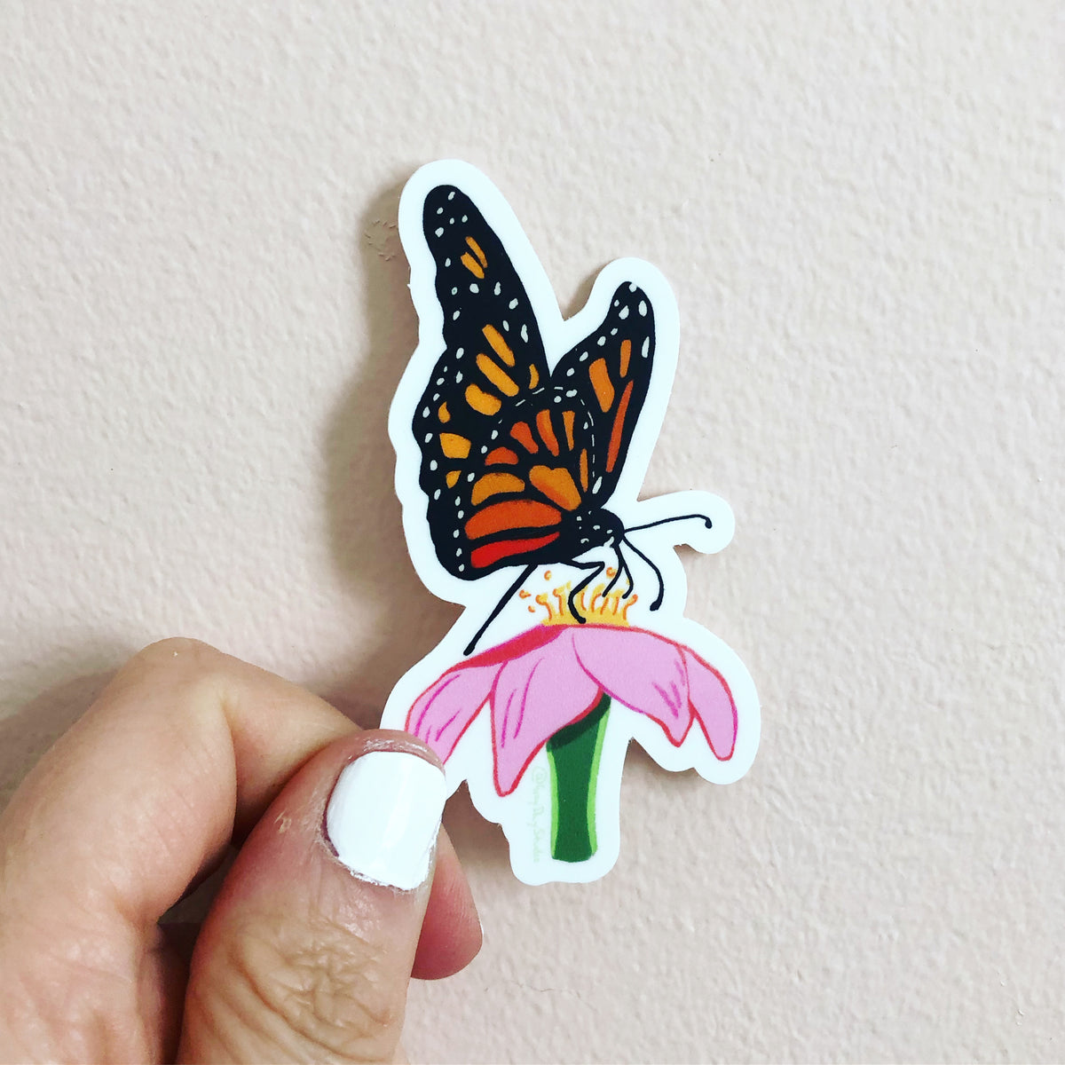 Moarch butterlfy sticker, pink zinnia and butterfly sticker, by Abigail Gray Swartz