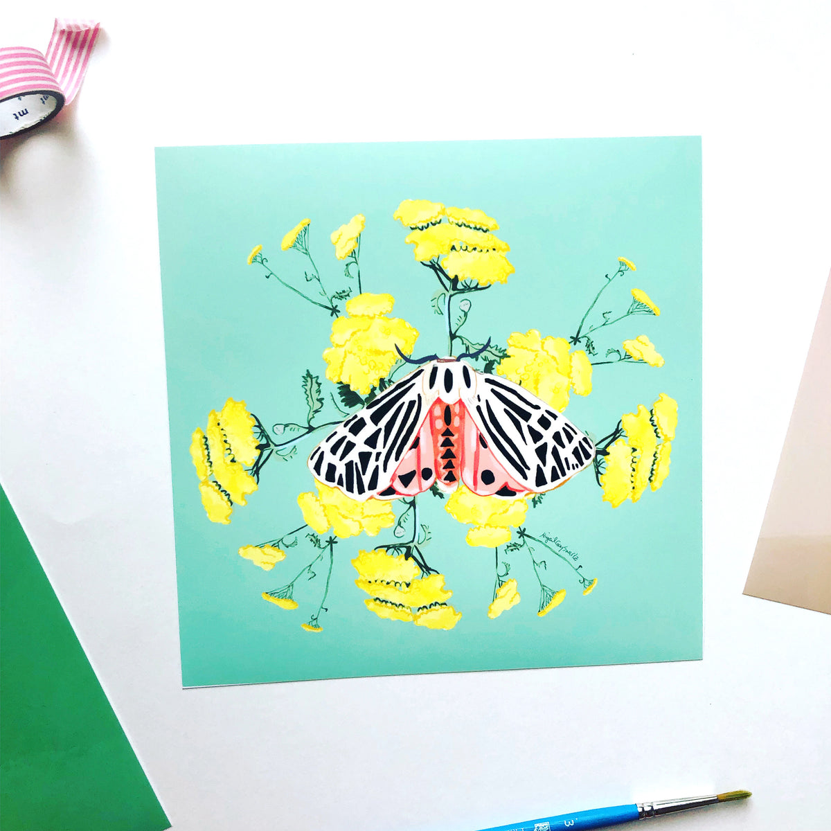 Virgin Tiger moth And Yarrow print, Pink, green, and yellow print || digital watercolor painting --Print