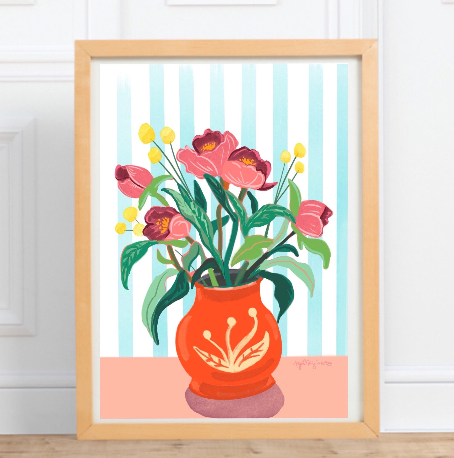 Print of a Bouquet of peonies in a red vase against blue and white striped wallpaper. Artwork made in Maine by Abigail Gray Swartz