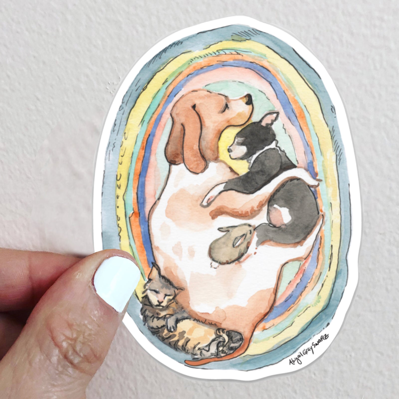 Pet snuggles, dogs and cat sleeping, cute winter scene