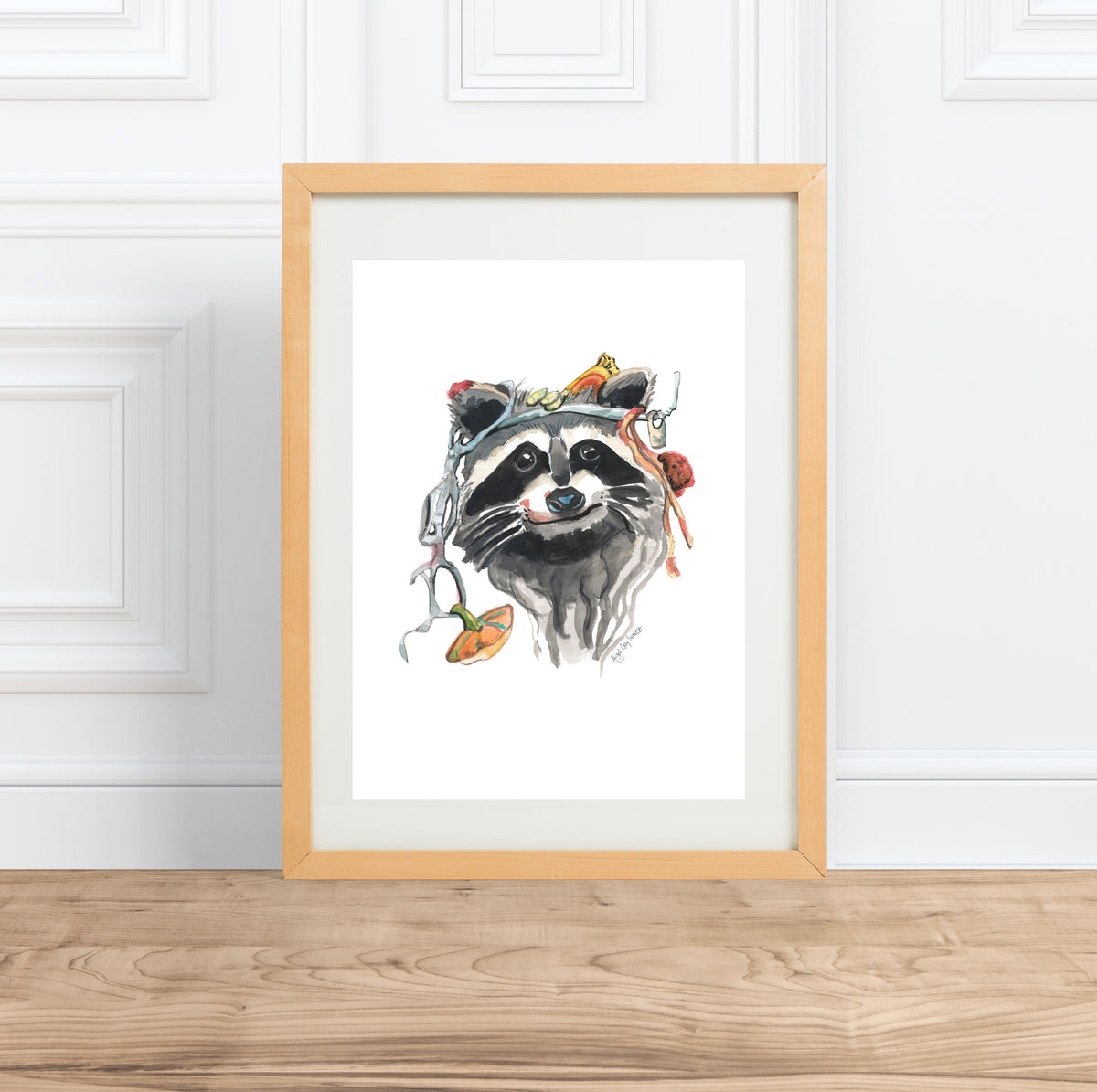 Dumpster Diving Raccoon, watercolor animal portrait--Print