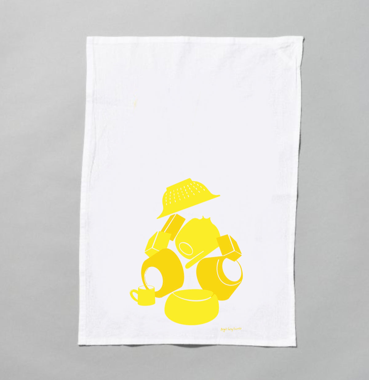 Yellow Dishes Tea towel, Flour sack screen print tea towel, by Abigail Gray Swartz