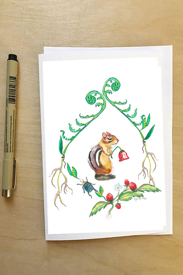 Chipmunk, in a floral wreath, woodland card--Greeting Card
