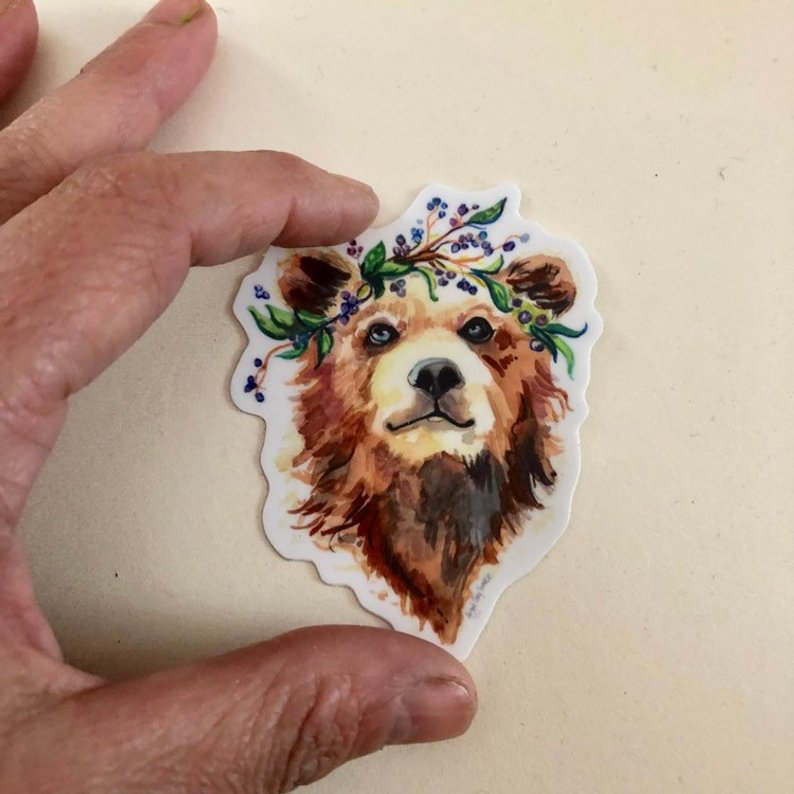 Bear in Blueberry Crown portrait, STICKER - Stickers &amp; Magnets