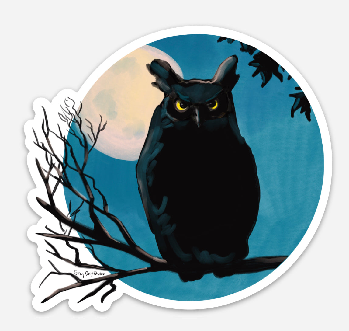Owl Halloween sticker, spooky owl backlight against a full moon, perched on a branch. Painted by Maine artist Abigail Gray Swartz