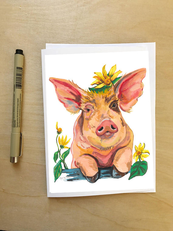 Pig in Flowers --Greeting Card