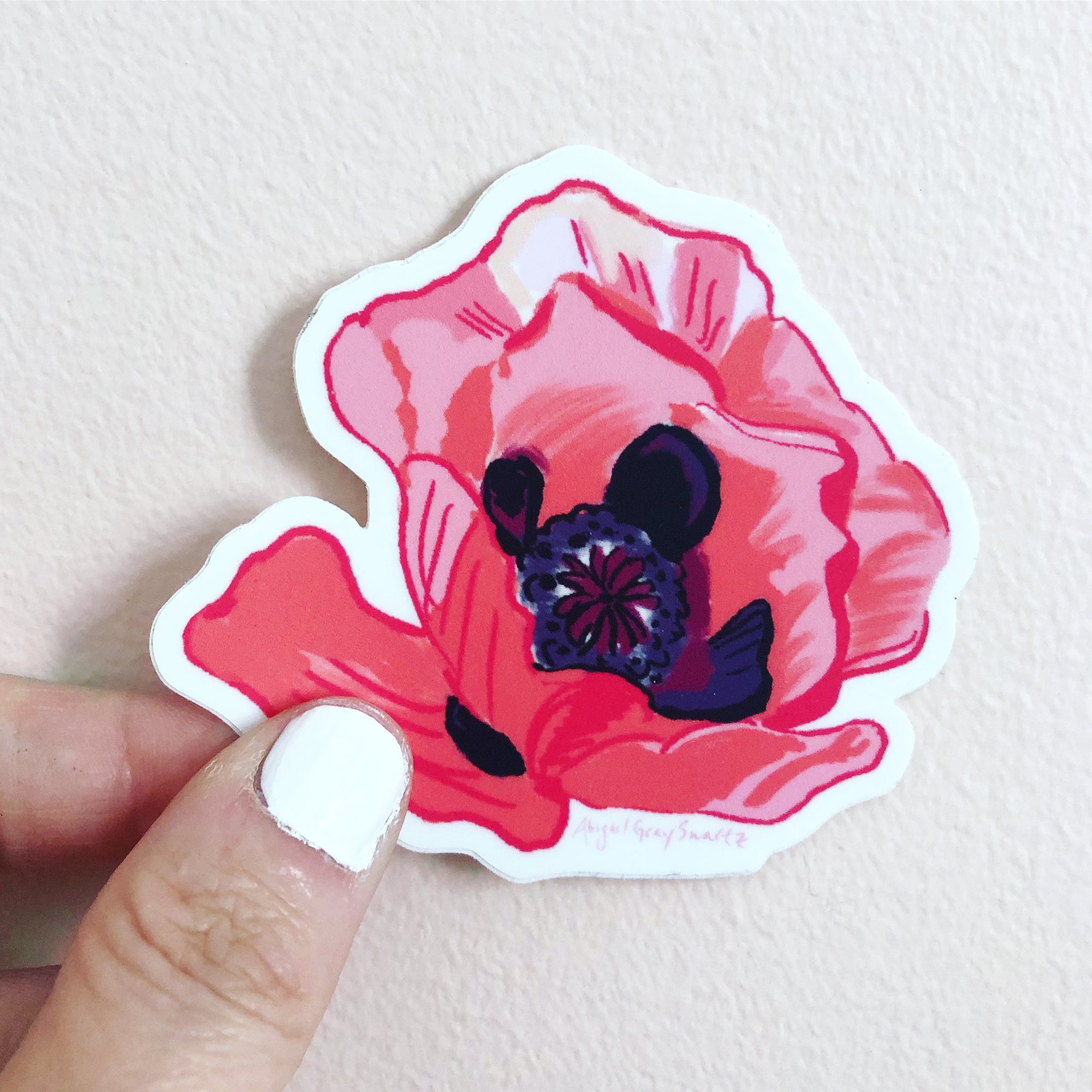 pink poppy sticker, flower sticker, by Abigail Gray Swartz