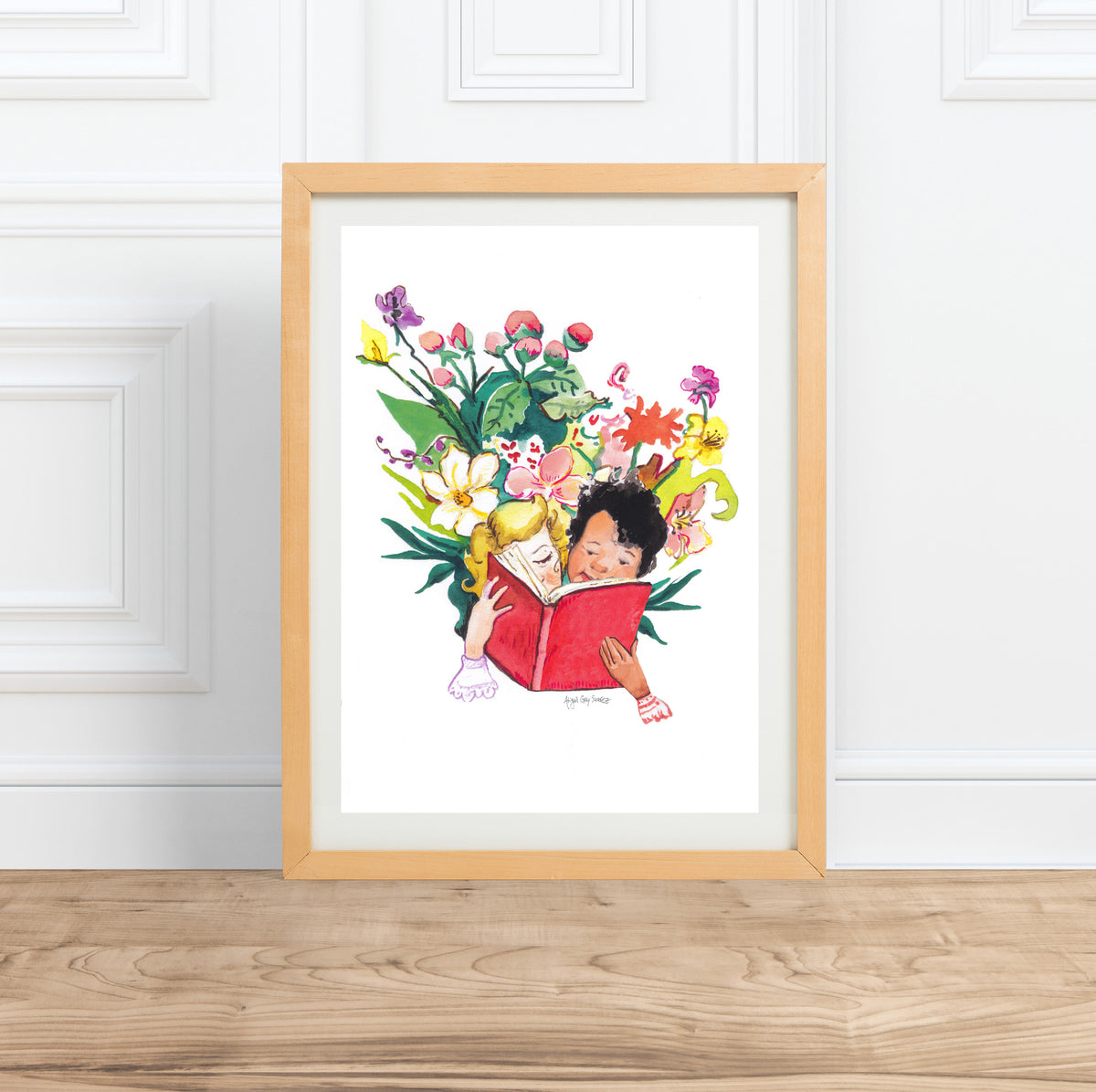Reading Garden, watercolor flowers and children&#39;s portrait--Print